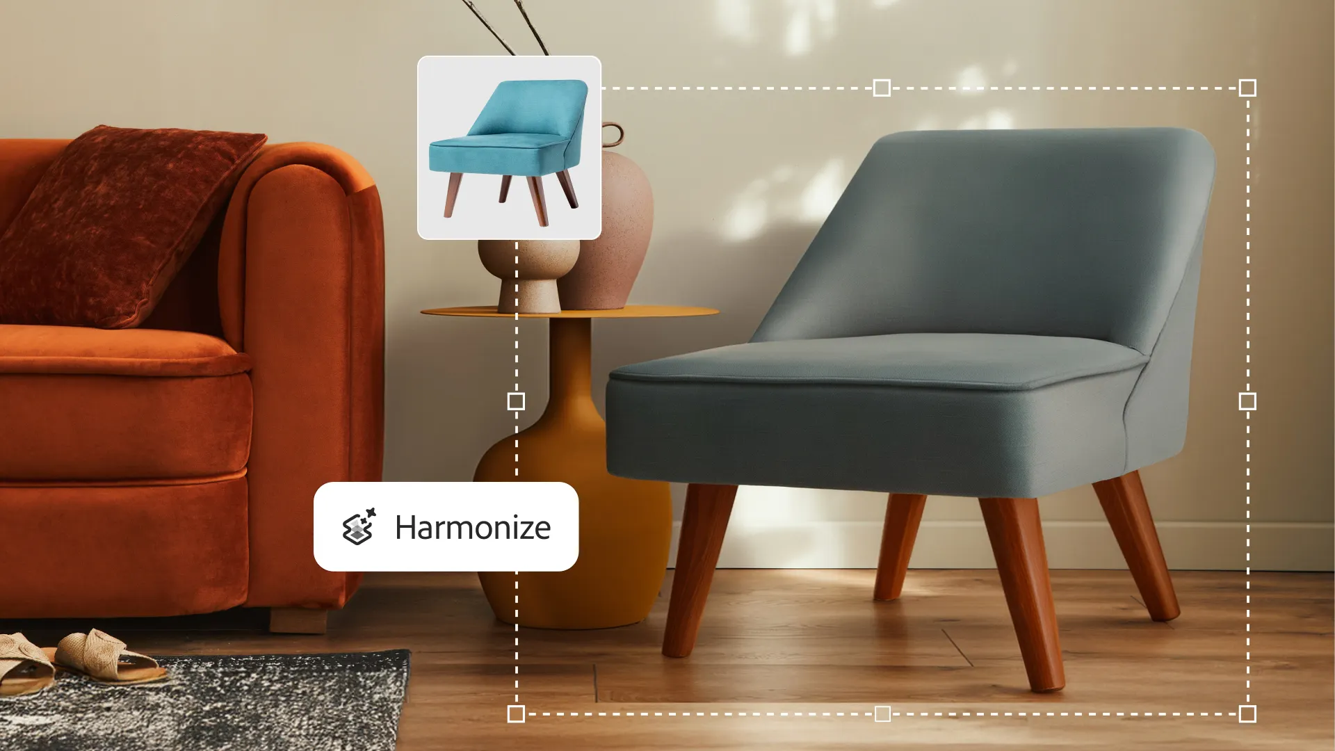 Chair composited into an interior using Generative Harmonization in Photoshop