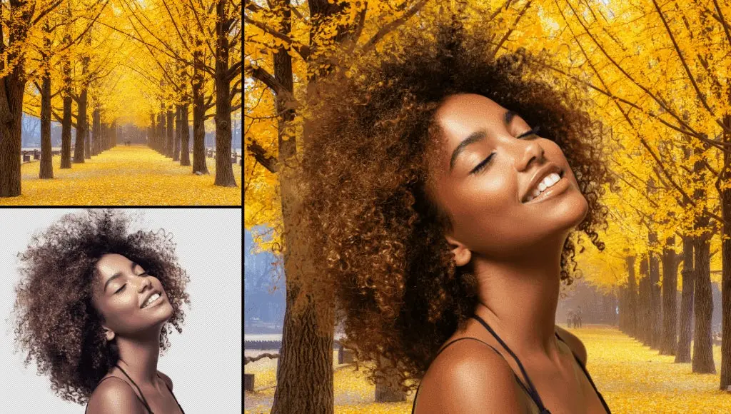 Portrait composited into an autumn scene using the Harmonization Neural Filter in Photoshop