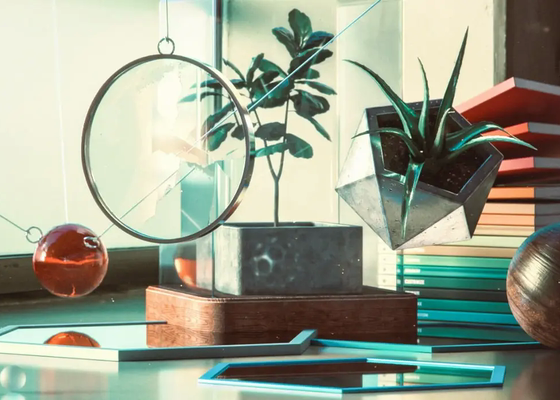 Adobe Dimension scene demonstrating matched indoor lighting and reflective materials